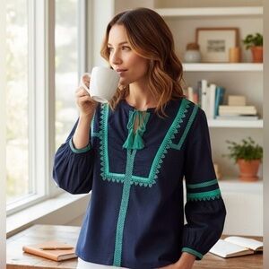 J. Crew Navy Blue Peasant Blouse with Green Embroidery